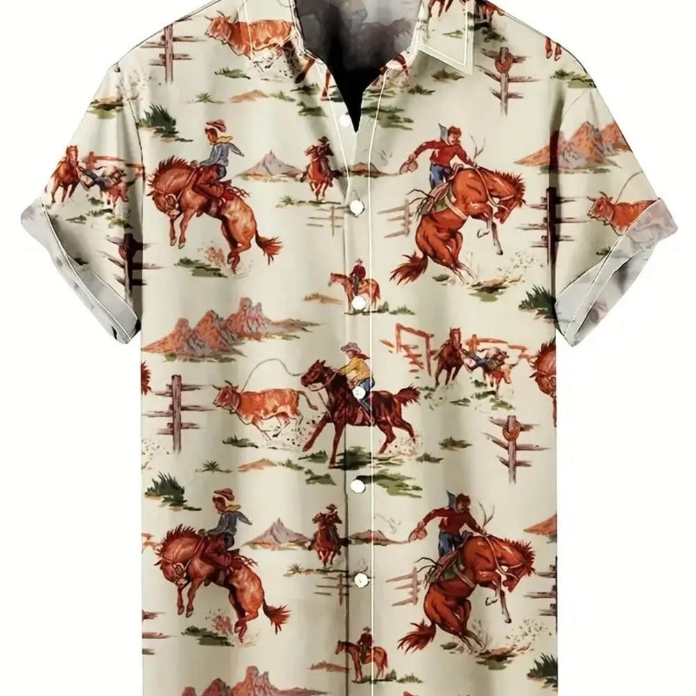 Cream Casual Button Down Shirt with Western Pattern